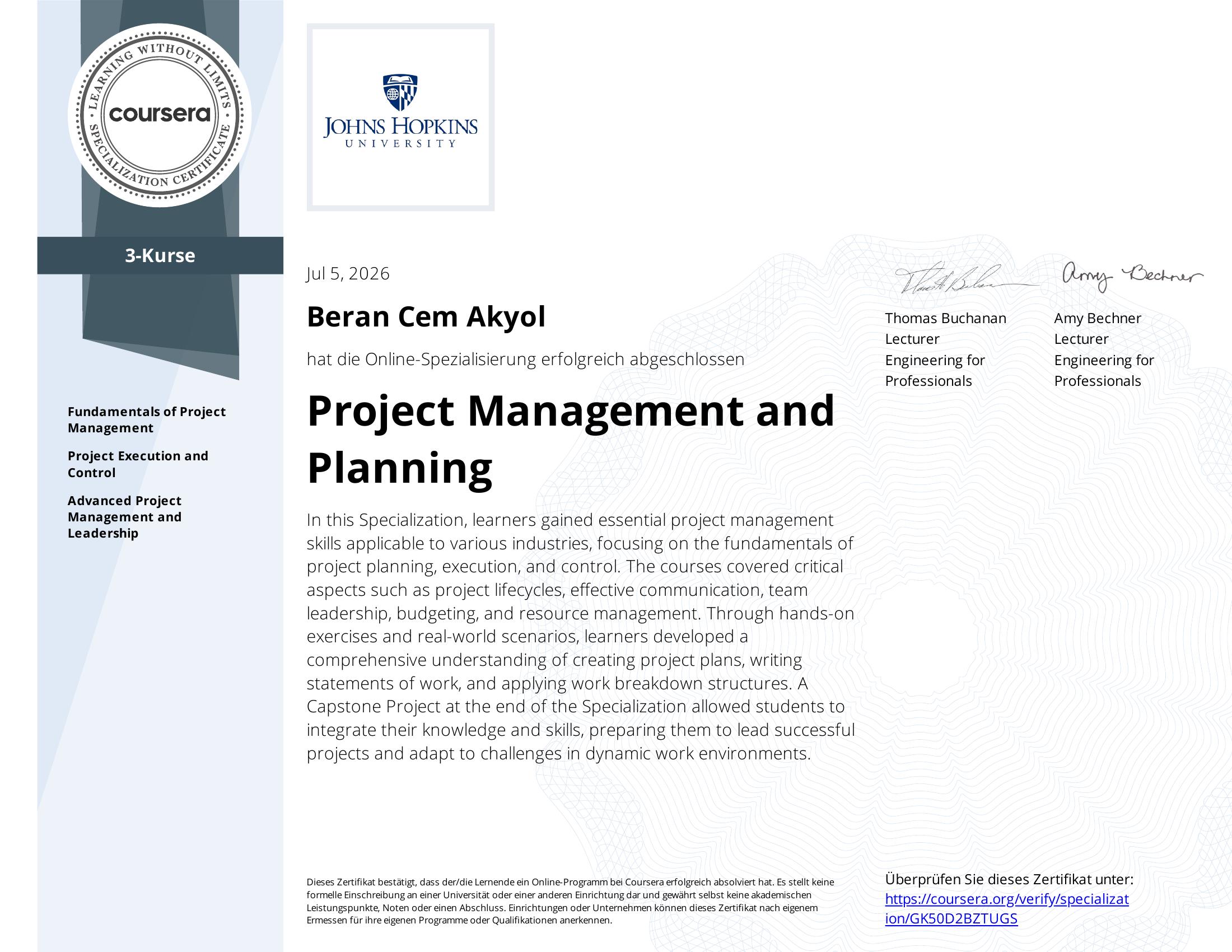 Project Management and Planning Certificate — Johns Hopkins University