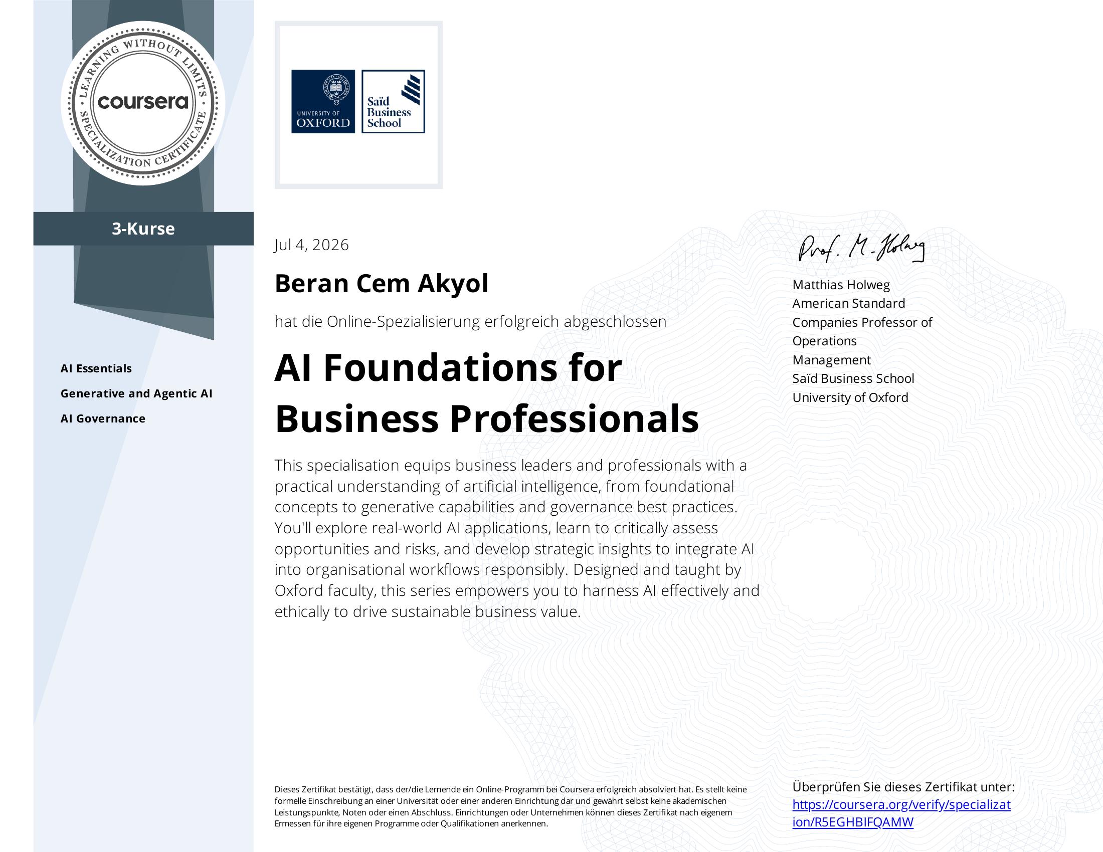 AI Foundations for Business Professionals Certificate — University of Oxford